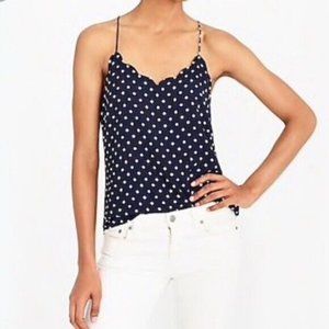 J. CREW Navy Blue Sleeveless Scalloped V-Neck Polka Dot Spaghetti Strap Top Sz 2